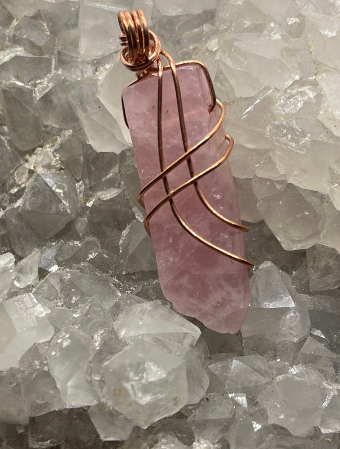 Rose Quartz Stick Pendant wrapped with Copper