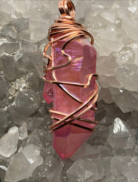 Pink Aura Quartz Pendant wrapped in Copper