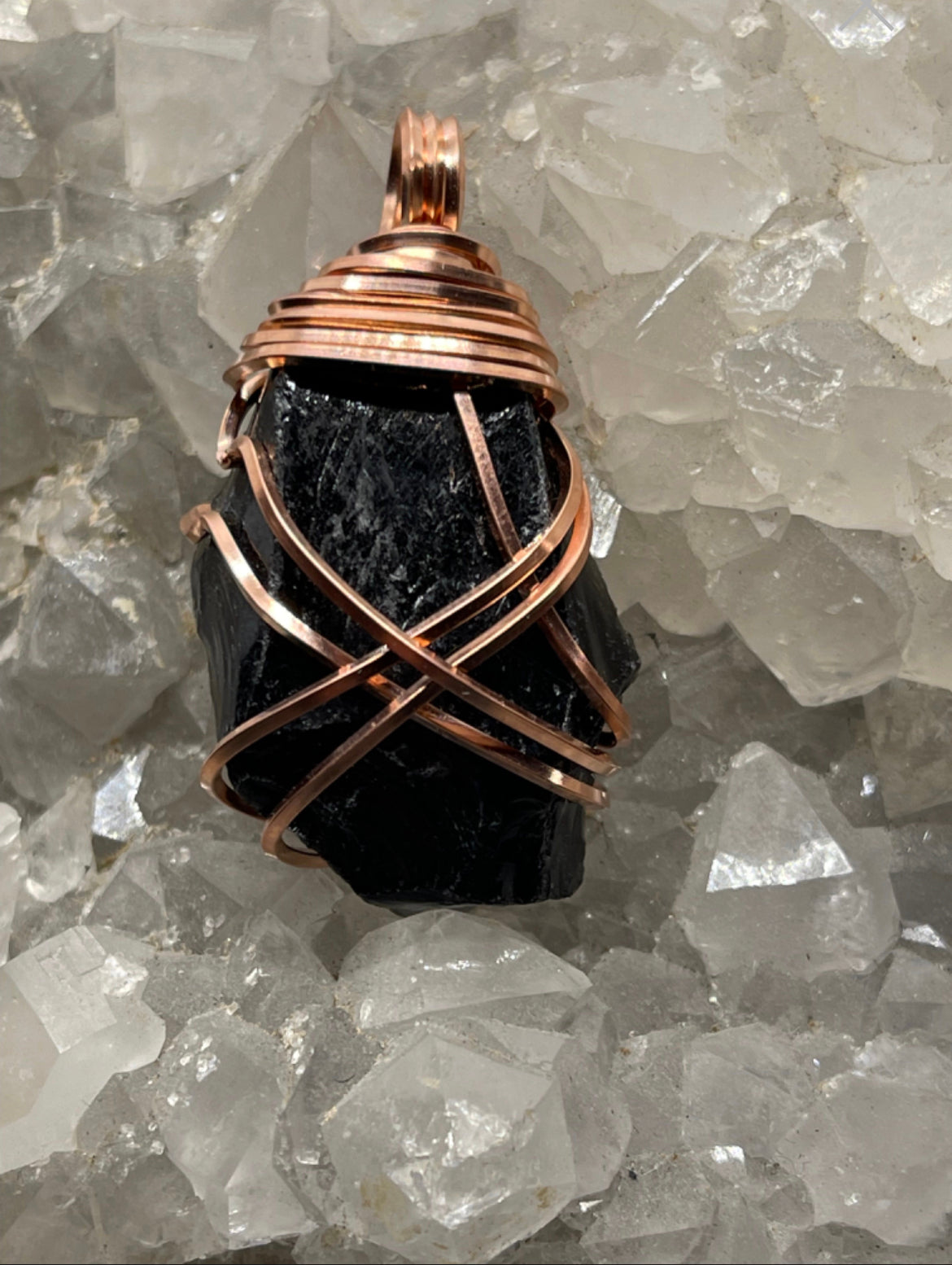 Small Black Obsidian Copper Wire Wrapped Pendant