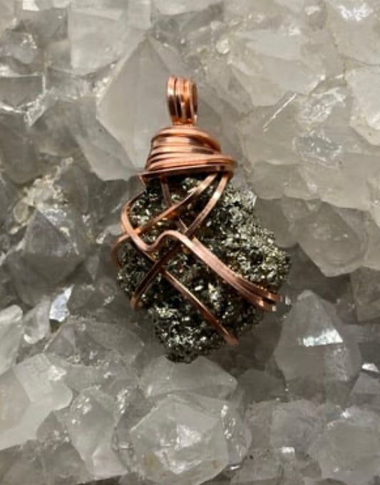 Pyrite Pendant small  copper wrapped with  bale