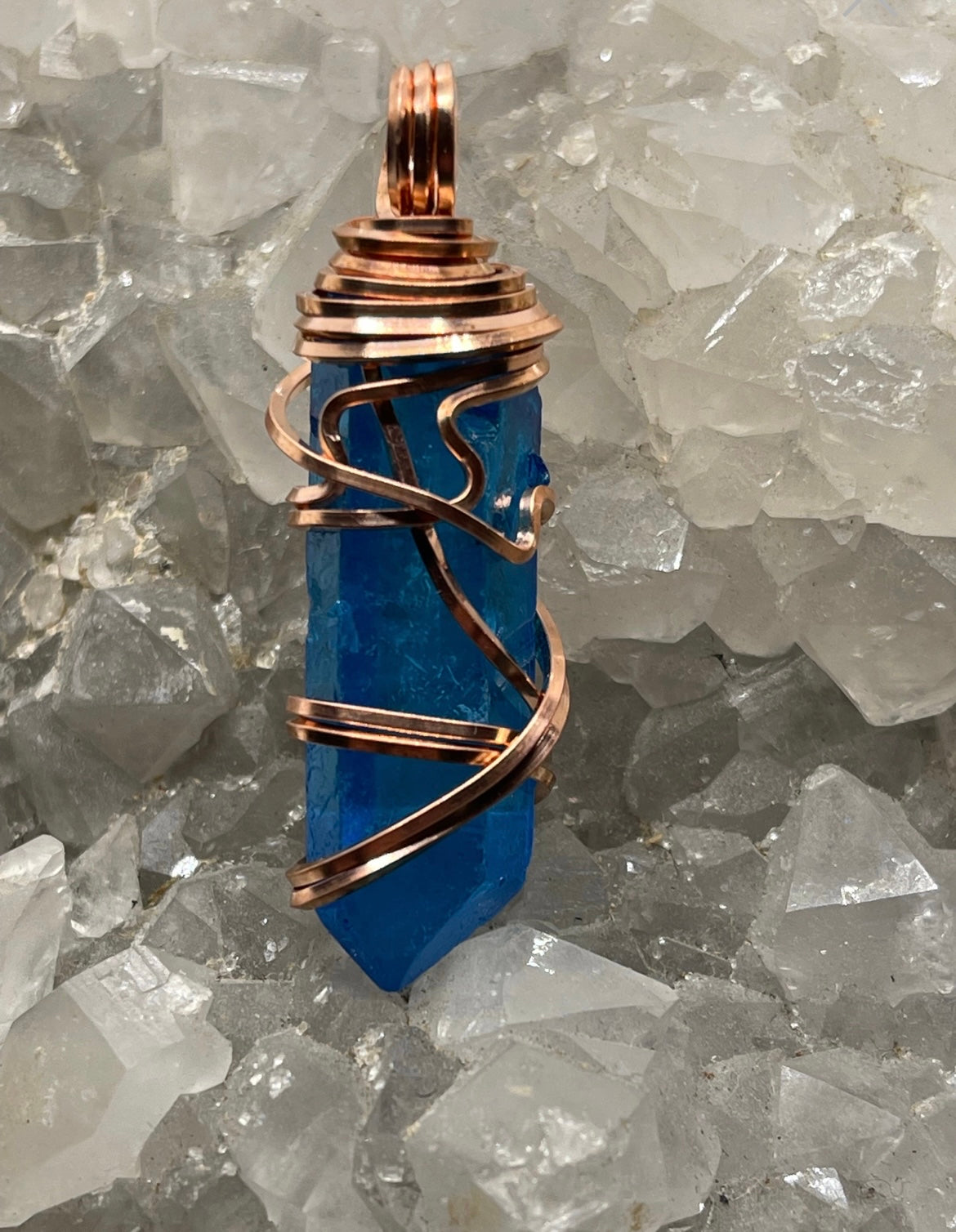 Aqua Aura Quartz Pendant wrapped in Copper | Copper Wrapped