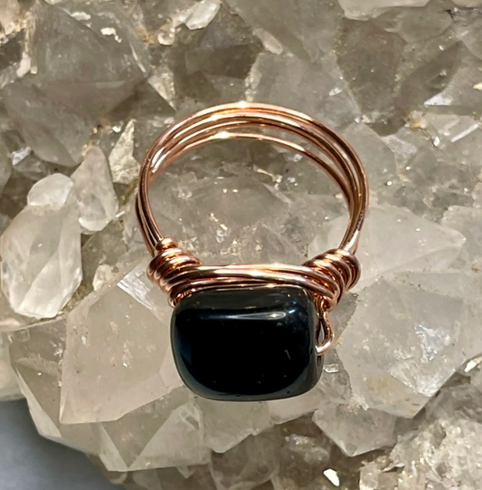 Black Obsidian Ring Wrapped In Copper Wire