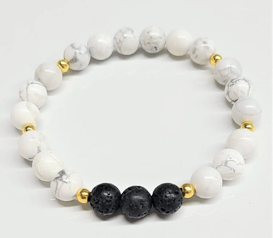 8mm Howlite/ Lava Stone with Gold Inserts